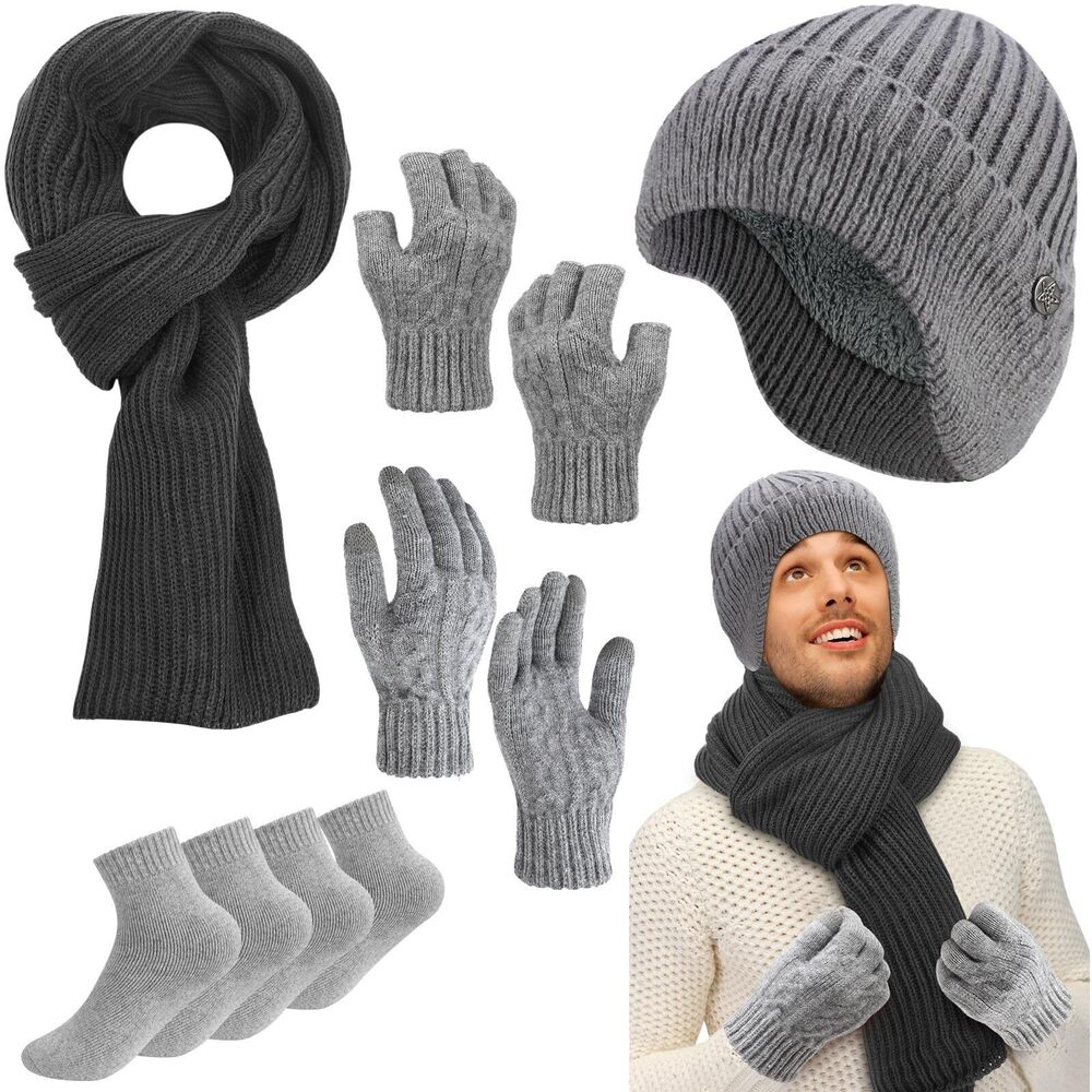 9494 8 Pcs Winter Warm Set Black Knitted Beanie Earflap Cap Touchscreen